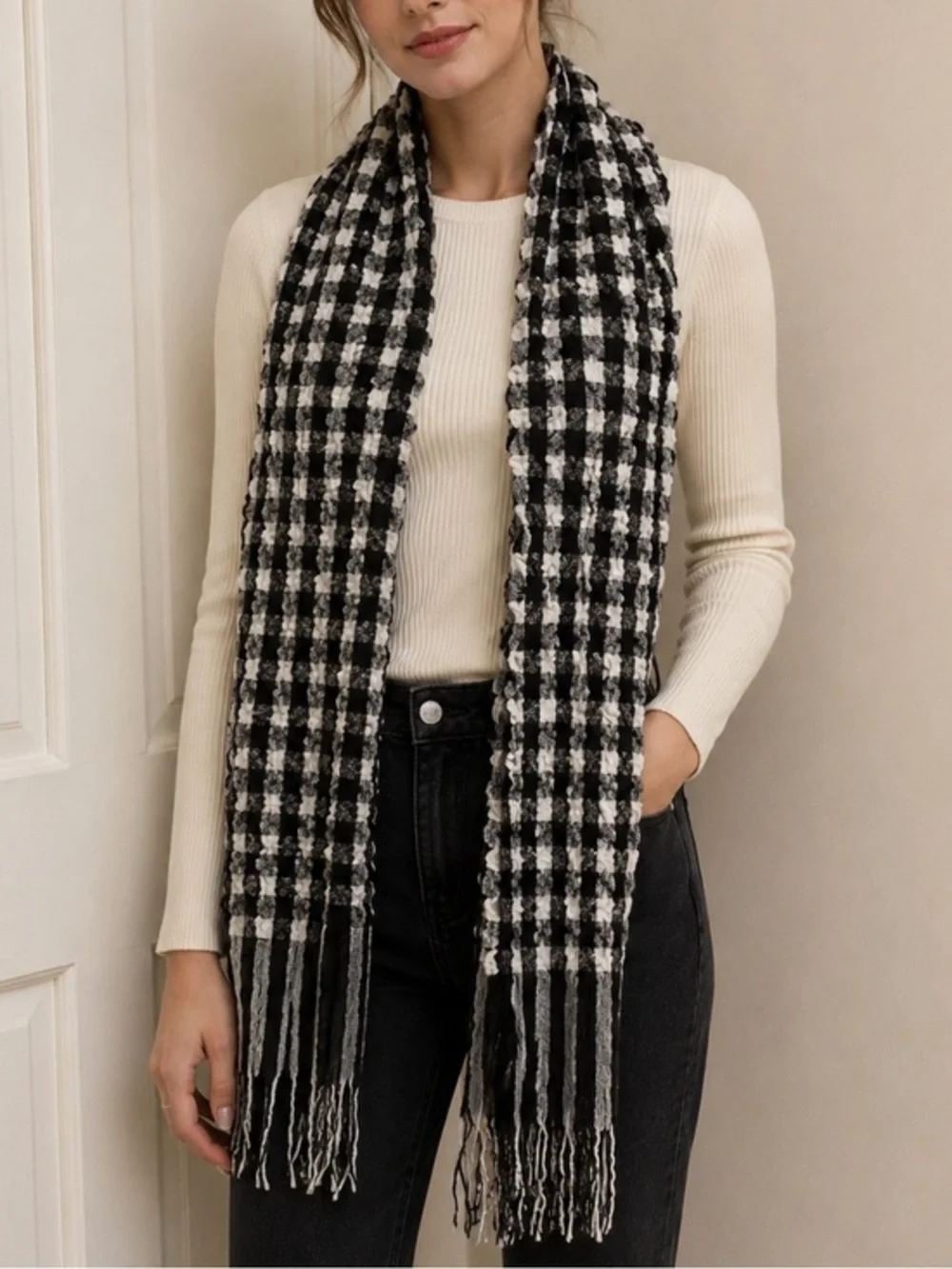 Checkered black white scarf fringe